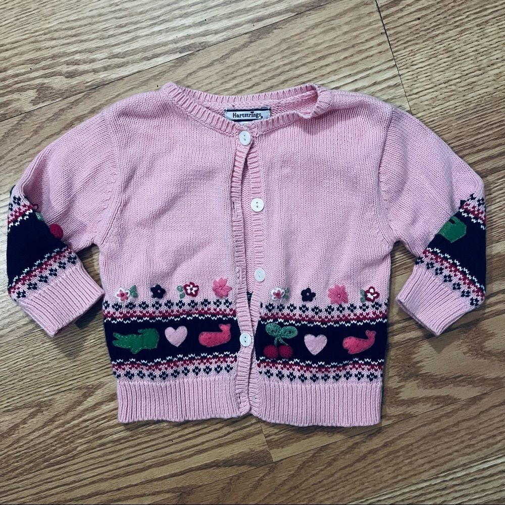 Heartstrings Pink With Blue Trim Bunnies Hearts Flowers Cardigan 18 Months
